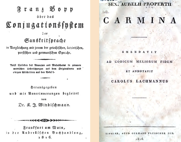Frontespizi dei due dioscuri del 1816: Bopp, Conjugationssystem e Lachmann, Properzio