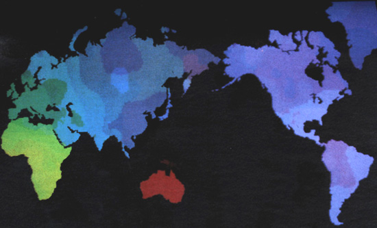 Mappa cromatica delle tre prime componenti geniche (DNA) della popolazione umana