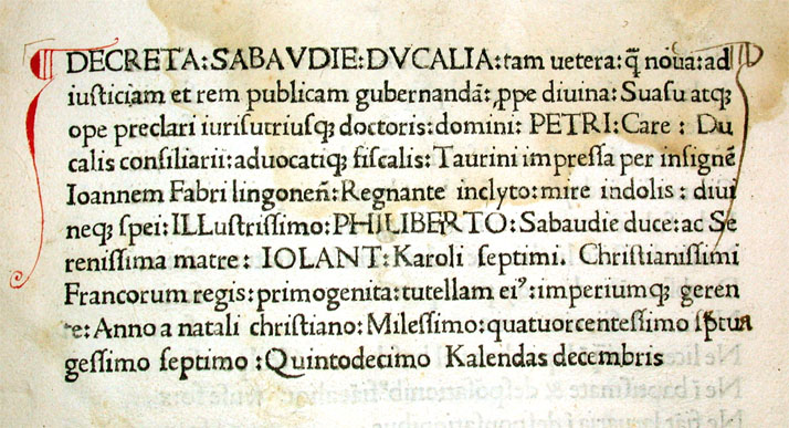 Head of the first leaf of Decreta Sabaudie Ducalia (1477). Private collection.